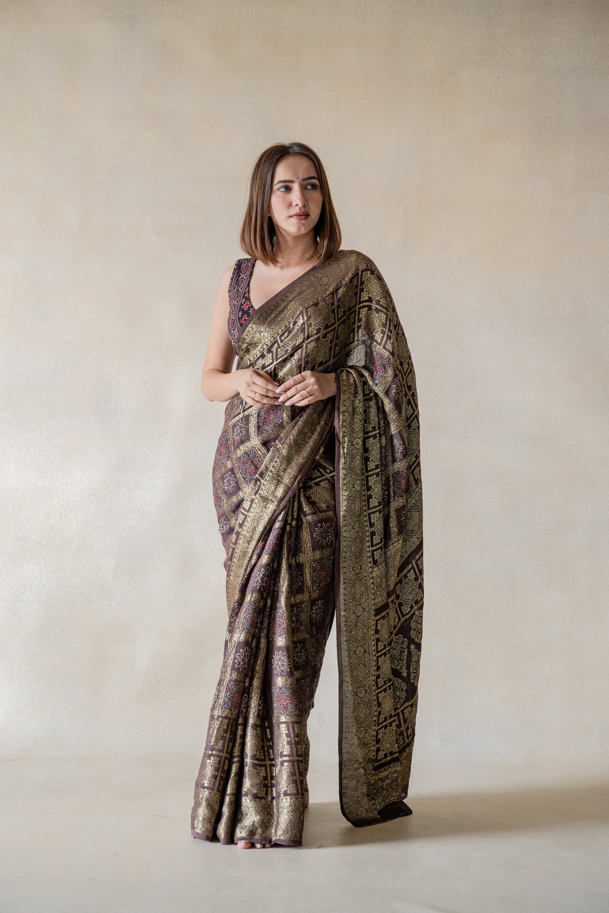 Heritage ajrakh gharchola saree in brown mocha color, Mocha ajrakh heritage gharchola saree, Maharani heritage saree