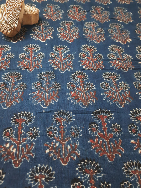 Indigo Ajrakh Hand Block Print Handwoven Cotton Fabric By Turquoisethestore. 44 inches Width.