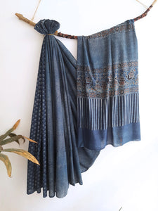 Indigo-dyed Ajrakh hand block printed saree crafted in pure cotton by Turquoisethestore, a blend of comfort and style.