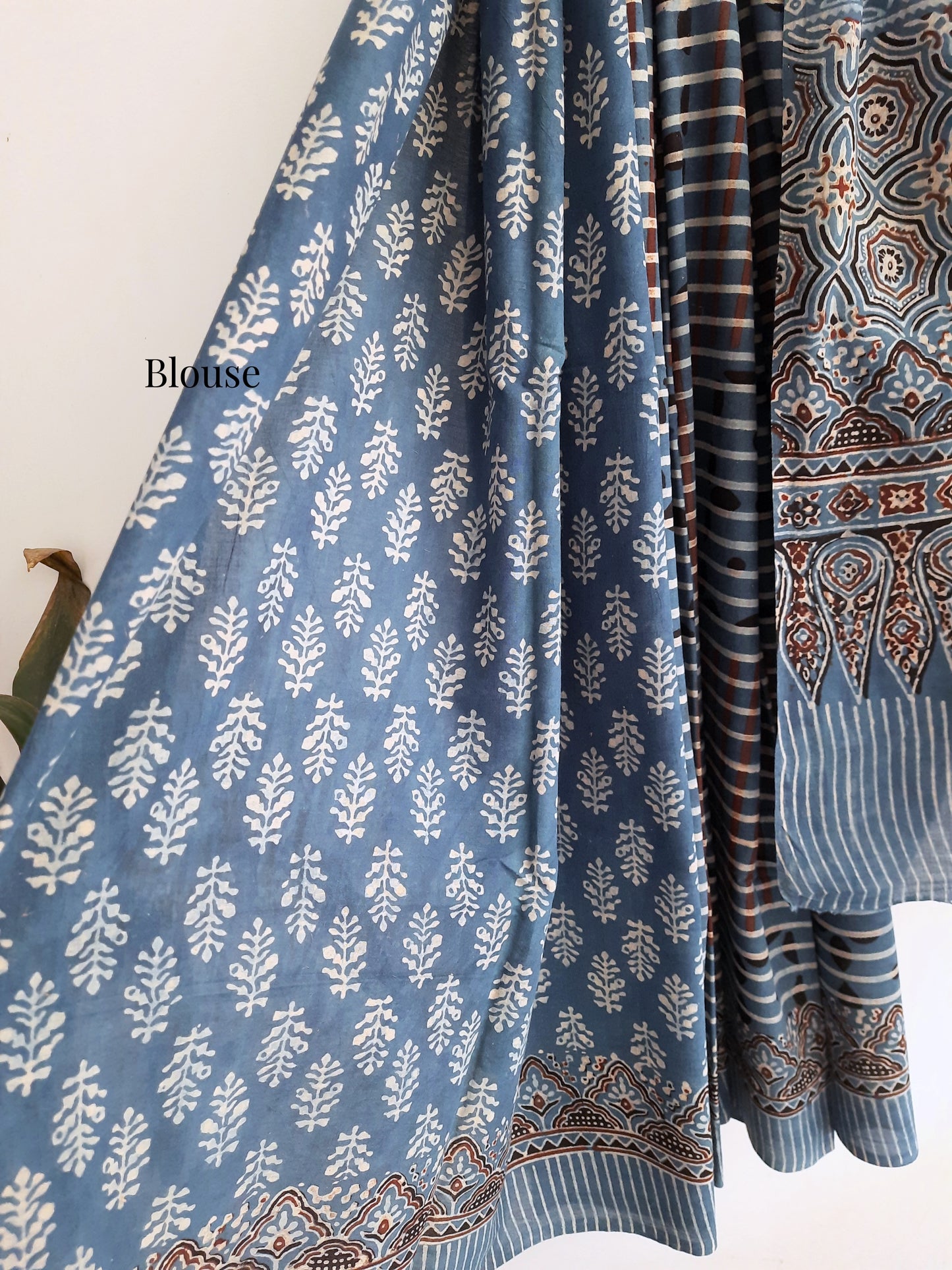 "Image: Indigo Ajrakh Prints Cotton Saree by Turquoisethestore, showcasing intricate hand block prints on breathable pure cotton fabric."