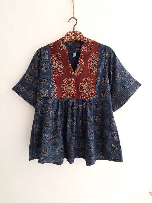 Indigo Dyed Ajrakh Tunic Top For Women