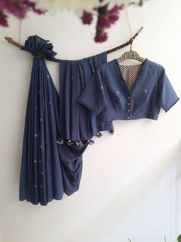 Indigo Dyed Hand Spun and Handwoven Organic Cotton Saree and Blouse.