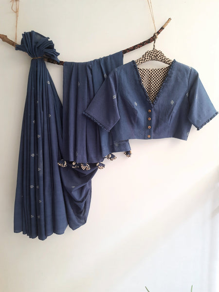 Indigo Dyed Hand Spun and Handwoven Organic Cotton Saree and Blouse.