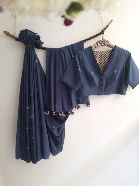 Indigo Dyed Hand Spun and Handwoven Organic Cotton Saree and Blouse.