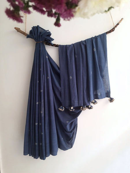 Indigo Dyed Hand Spun and Handwoven Organic Cotton Saree and Blouse.