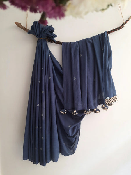 Indigo Dyed Hand Spun and Handwoven Organic Cotton Saree and Blouse.