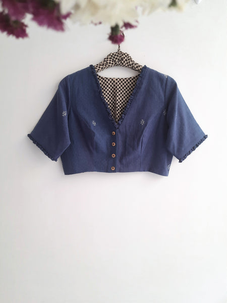 Indigo Dyed Hand Spun and Handwoven Organic Cotton Blouse.