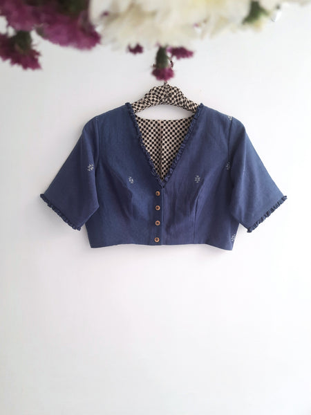 Indigo Dyed Hand Spun and Handwoven Organic Cotton Blouse.