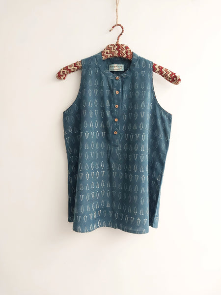 Indigo ajrakh hand block print cotton top for women. Sustainable handmade clothing for women.