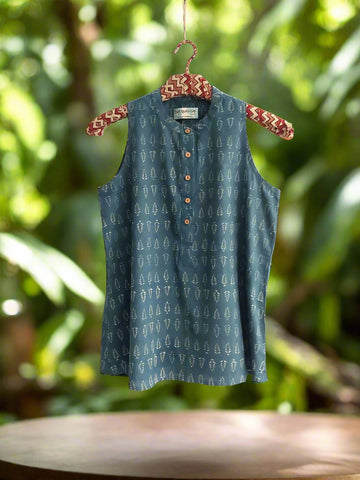 Indigo ajrakh hand block print cotton top for women. Sustainable handmade clothing for women.