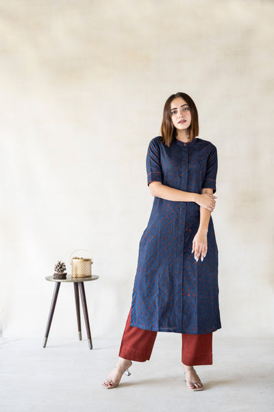 Indigo ajrakh prints kurta, Hand block print ajrakh kurta dyed in indigo