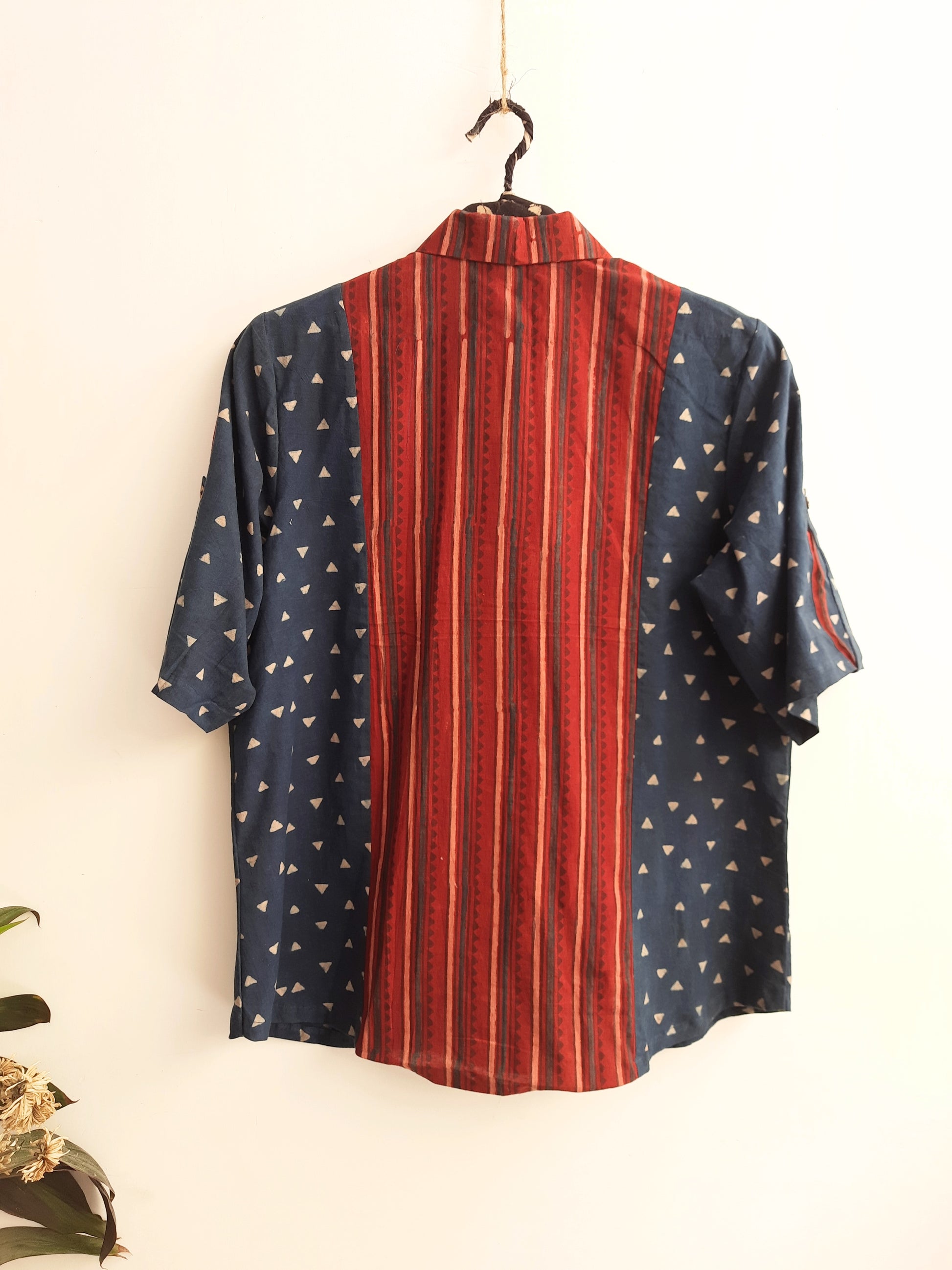 Indigo ajrakh patchwork shirt, Ajrakh natural dyed shirt, Sustainable fashion