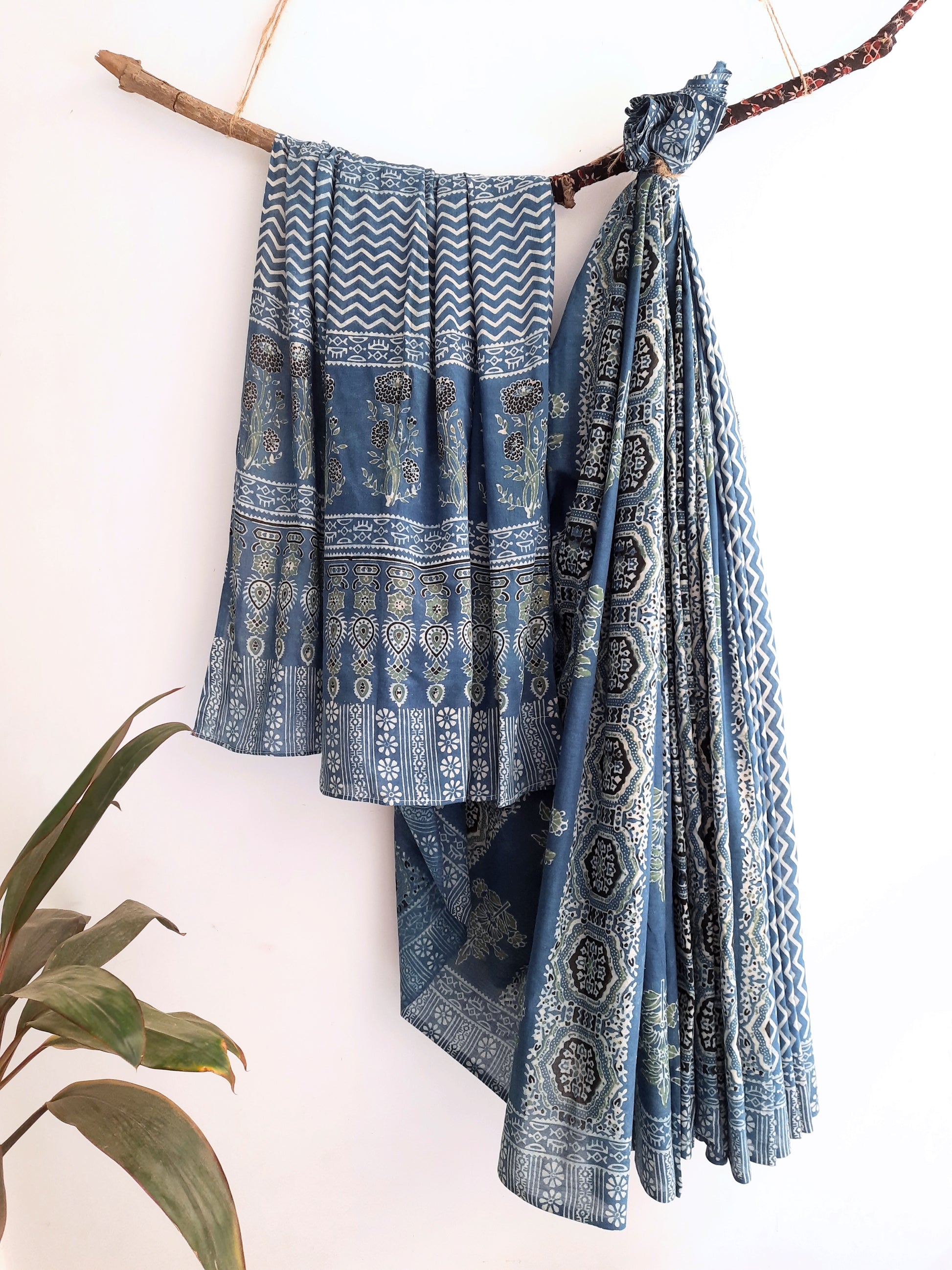 Indigo ajrakh prints cotton saree, Indigo dyed saree, Slow fashion