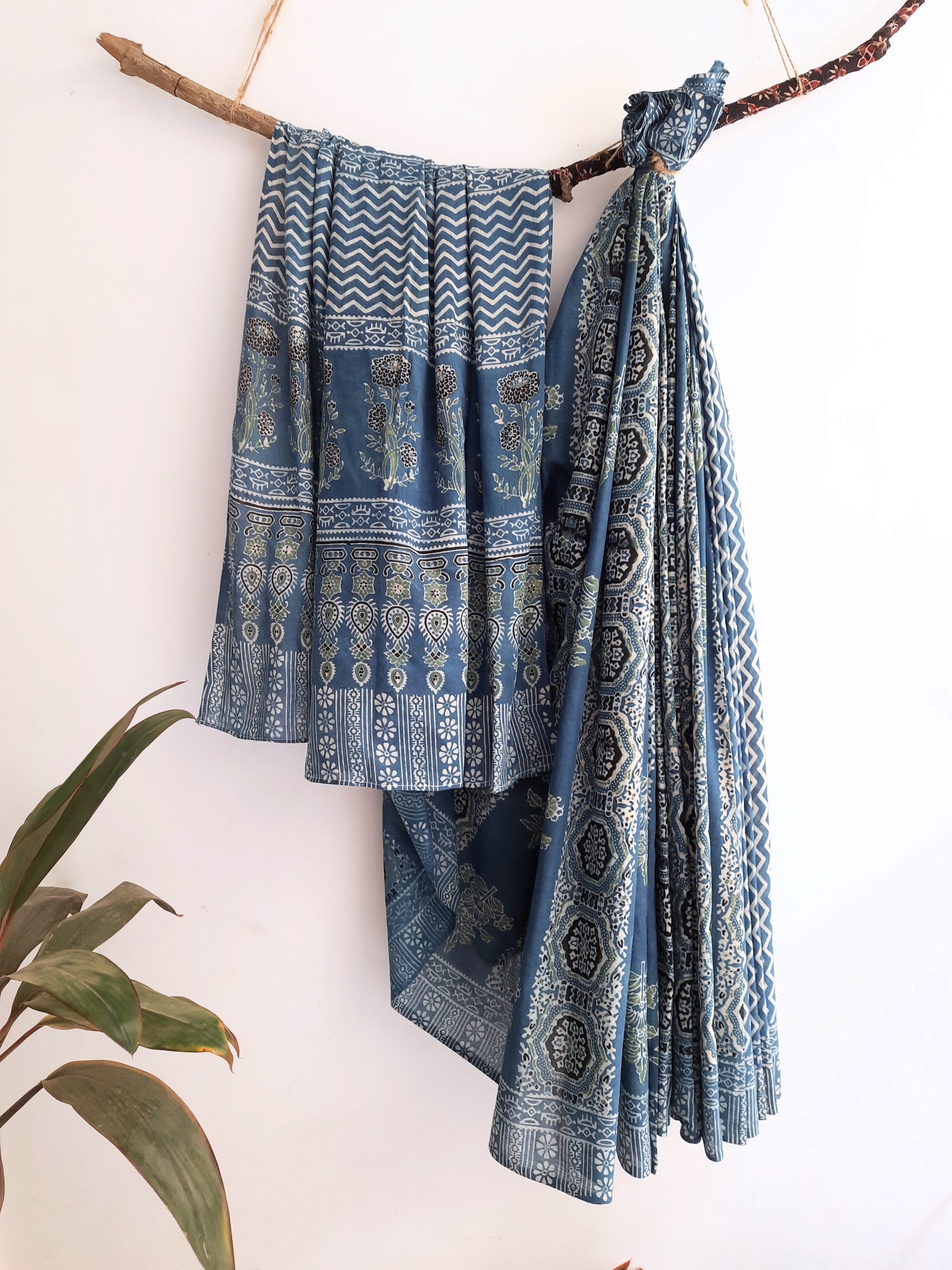 Indigo ajrakh prints cotton saree, Indigo dyed saree, Slow fashion