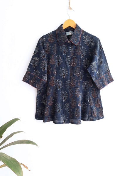 Indigo ajrakh prints hand spun womens shirt, Indigo handmade womens shirt, Ajrakh shirt