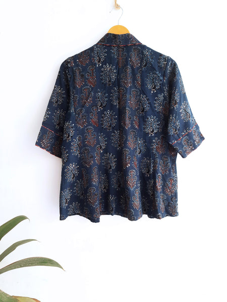 Indigo ajrakh prints hand spun womens shirt, Indigo handmade womens shirt, Ajrakh shirt