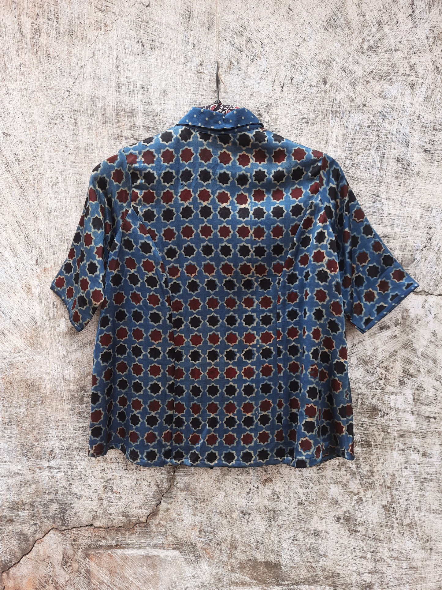 Ajrakh Hand Block Printed Indigo Mashru Silk Shirt for Women, Natural Indigo Dye, Luxurious Fabric, A-Line Silhouette, Handcrafted with Dual Prints.