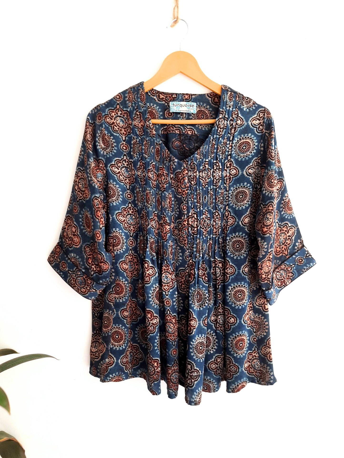 Indigo ajrakh prints modal silk shirt, Indigo dyed ajrakh hand block prints shirt, Conscious fashion