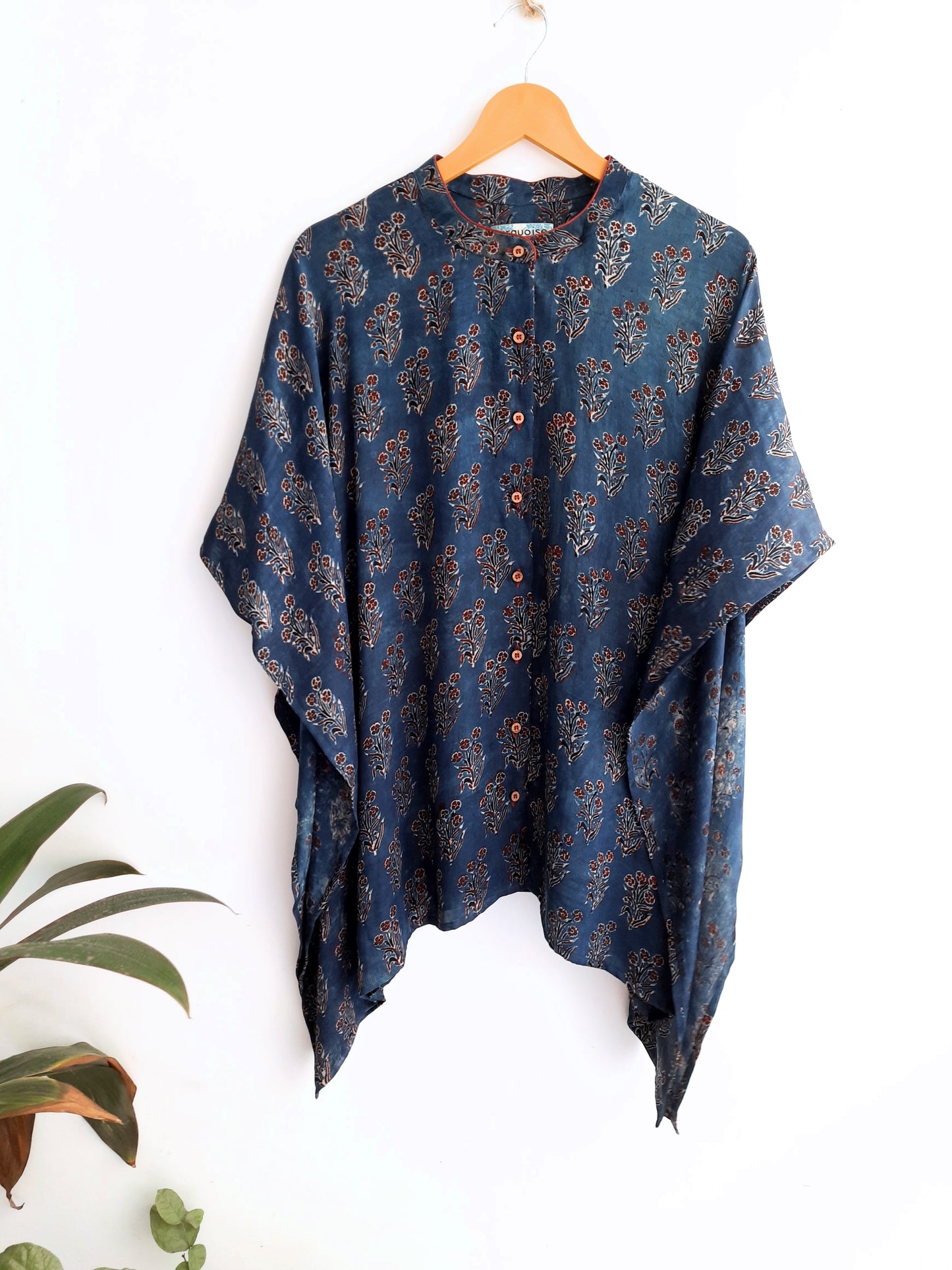 Indigo ajrakh prints modal silk kaftan shirt, Kaftan Shirt, Luxury clothing