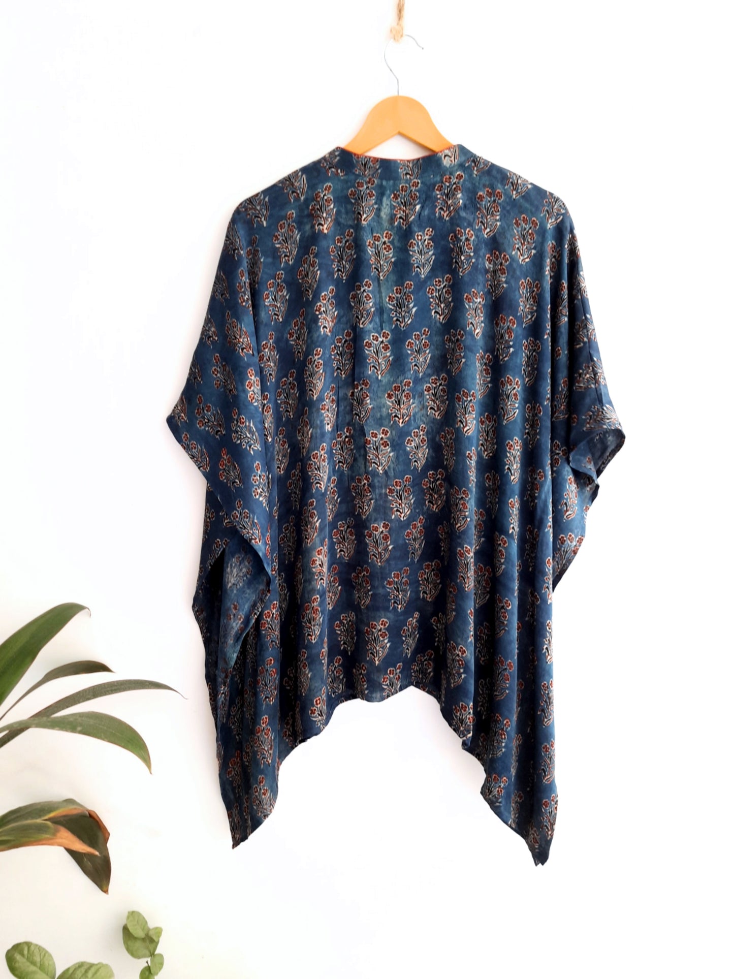Indigo ajrakh prints modal silk kaftan shirt, Kaftan Shirt, Luxury clothing