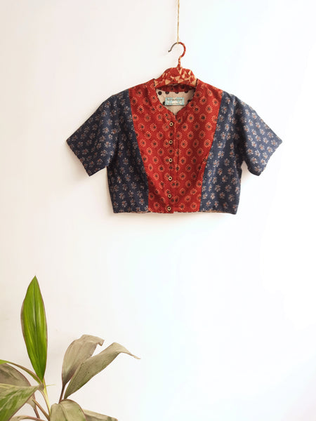 Indigo and madder ajrakh blouse, Ajrakh indigo madder blouse, Cotton blouse, Saree blouse, Sustainable fashion