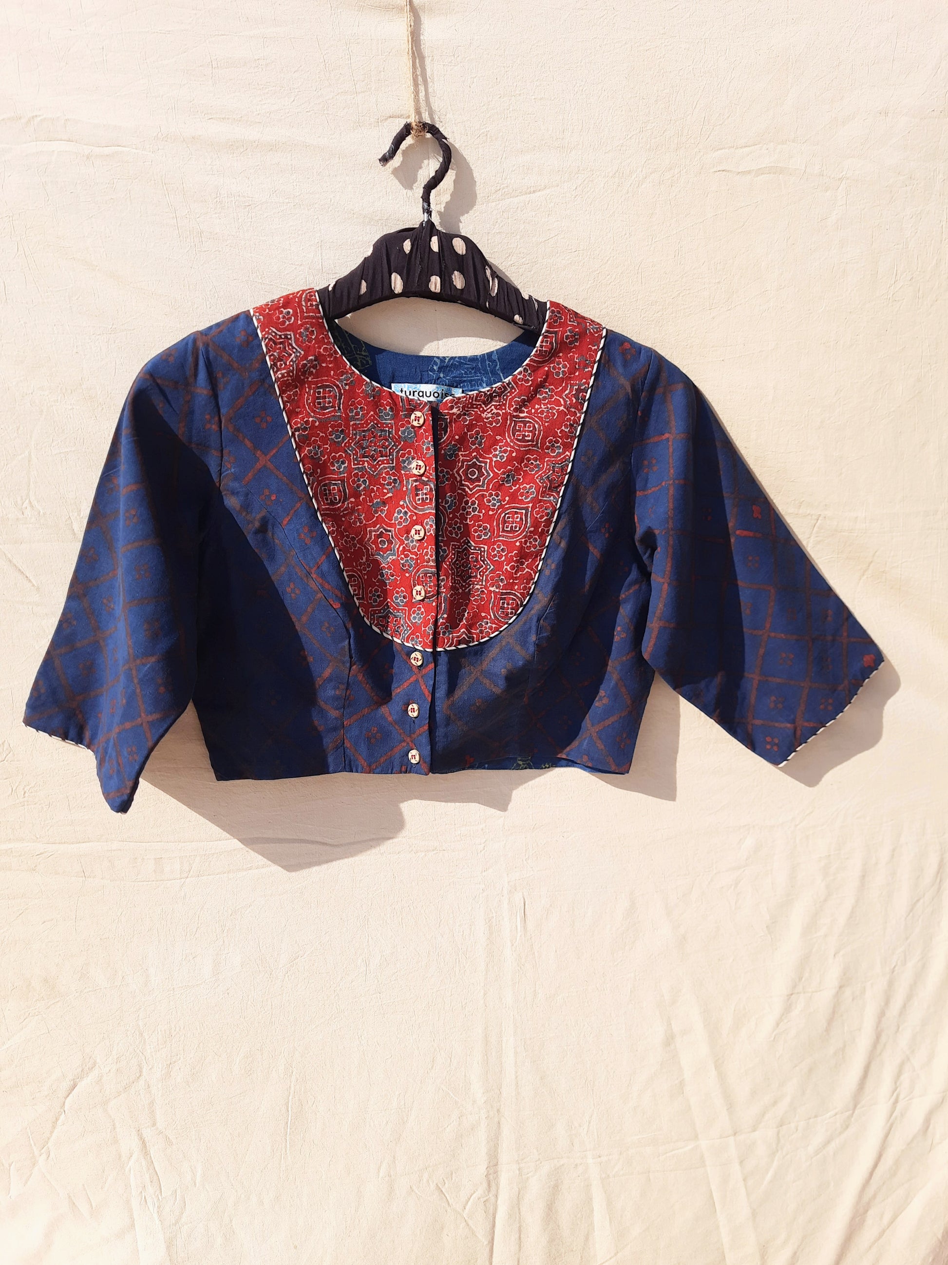 Indigo and madder red ajrakh blouse, Indigo dyed blouse, Handmade blouse, Sustainable luxury