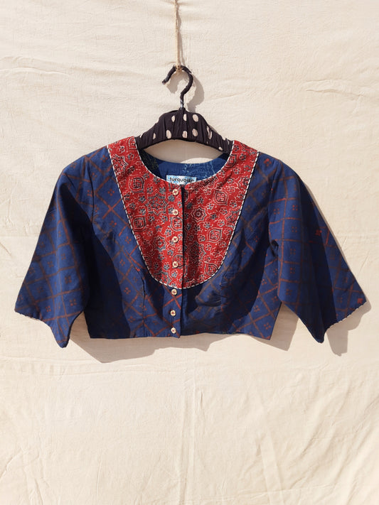 Indigo and madder red ajrakh blouse, Indigo dyed blouse, Handmade blouse, Sustainable luxury