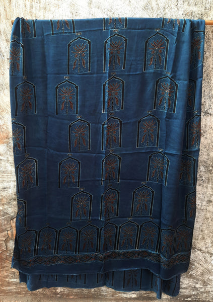 Indigo-dyed modal silk 2-piece unstitched suit set, handcrafted and naturally dyed, featuring a luxurious top fabric and dupatta, perfect for ethnic wear.