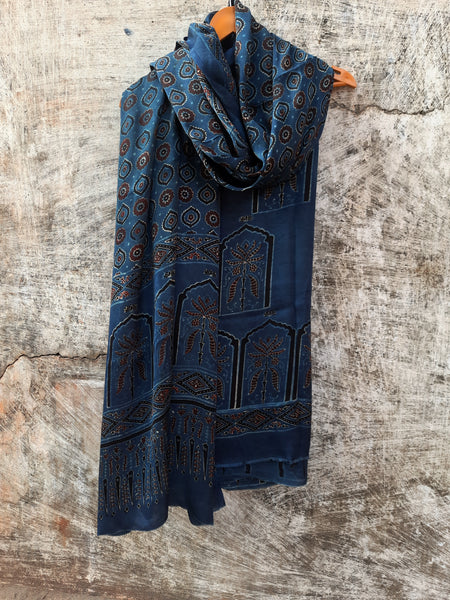 Indigo-dyed modal silk 2-piece unstitched suit set, handcrafted and naturally dyed, featuring a luxurious top fabric and dupatta, perfect for ethnic wear.