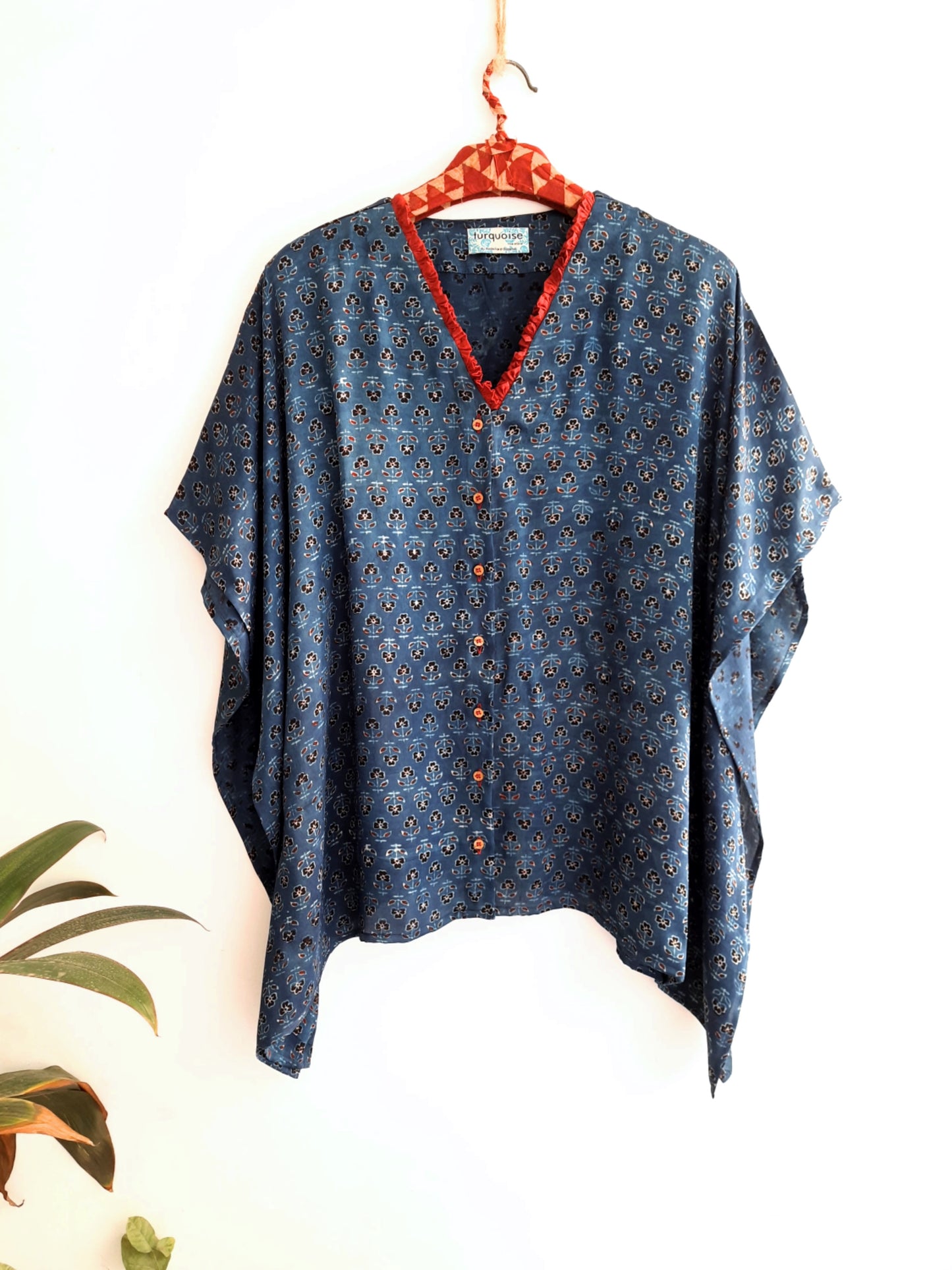Indigo dyed ajrakh prints kaftan shirt, Stylish kaftan shirt, Comfortable kaftan shirt, Indigo dyed kaftan, Artisanal clothing