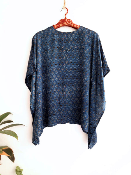 Indigo dyed ajrakh prints kaftan shirt, Stylish kaftan shirt, Comfortable kaftan shirt, Indigo dyed kaftan, Artisanal clothing