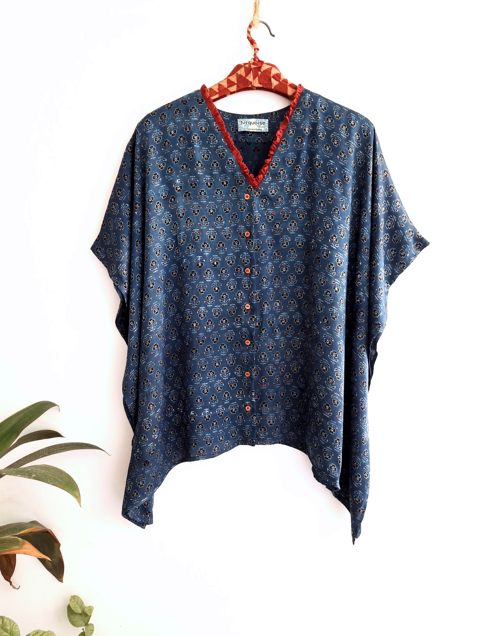 Indigo dyed ajrakh prints kaftan shirt, Stylish kaftan shirt, Comfortable kaftan shirt, Indigo dyed kaftan, Artisanal clothing