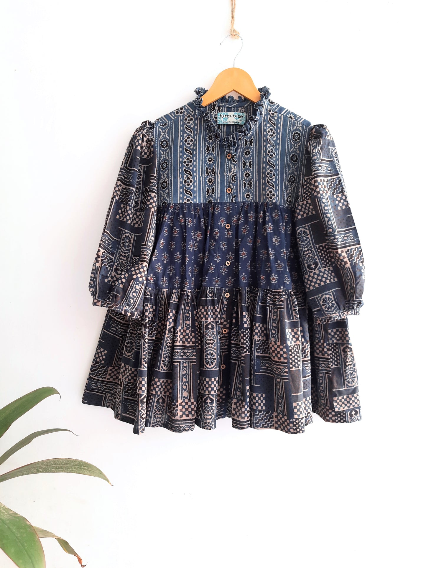 Indigo dyed multi tiered puffed sleeves shirt, Handmade indigo shirt, Comfortable indigo dyed ajrakh shirt for her