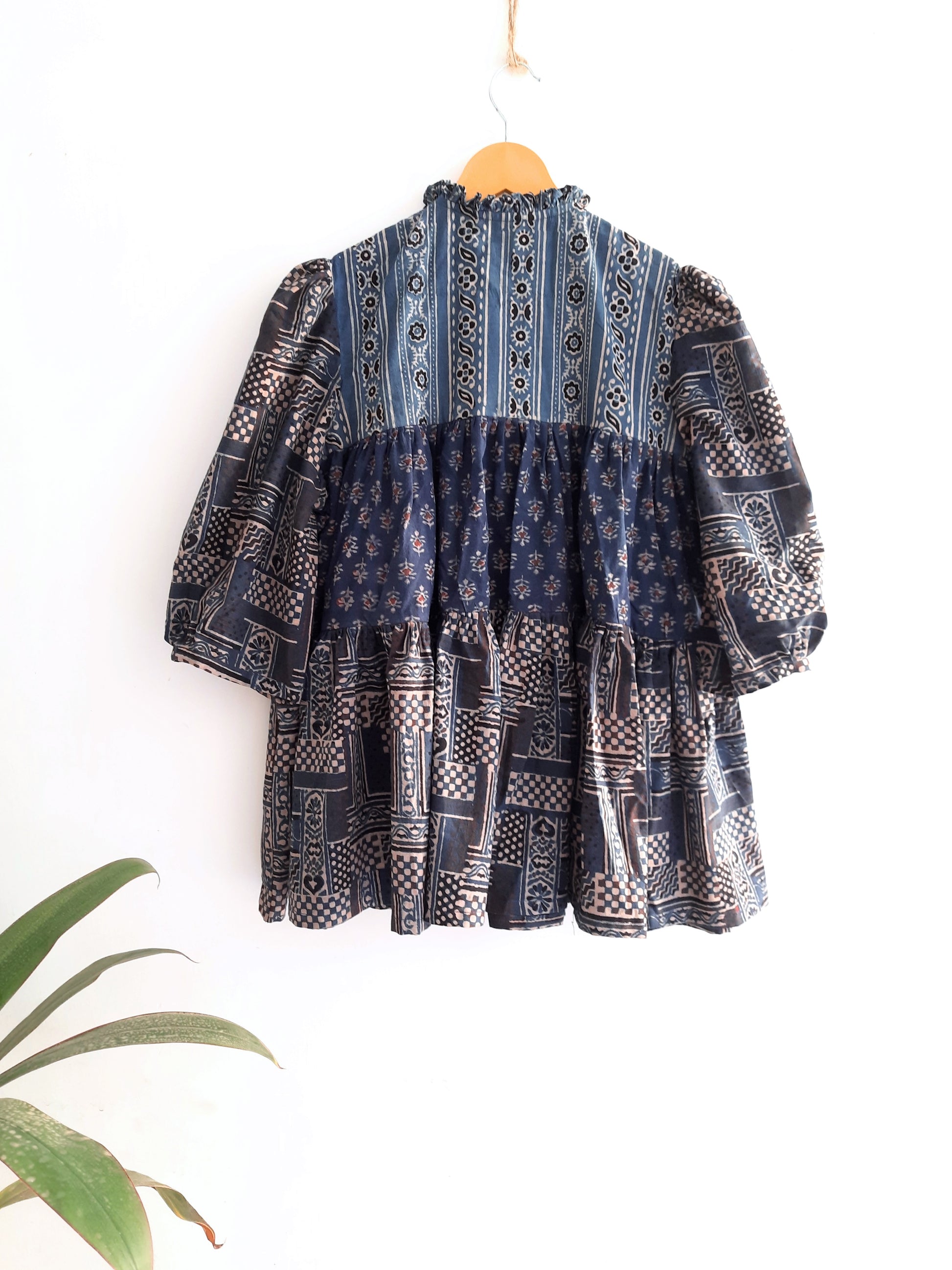 Indigo dyed multi tiered puffed sleeves shirt, Handmade indigo shirt, Comfortable indigo dyed ajrakh shirt for her