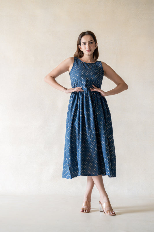 Indigo Polka Dots Dress For Women