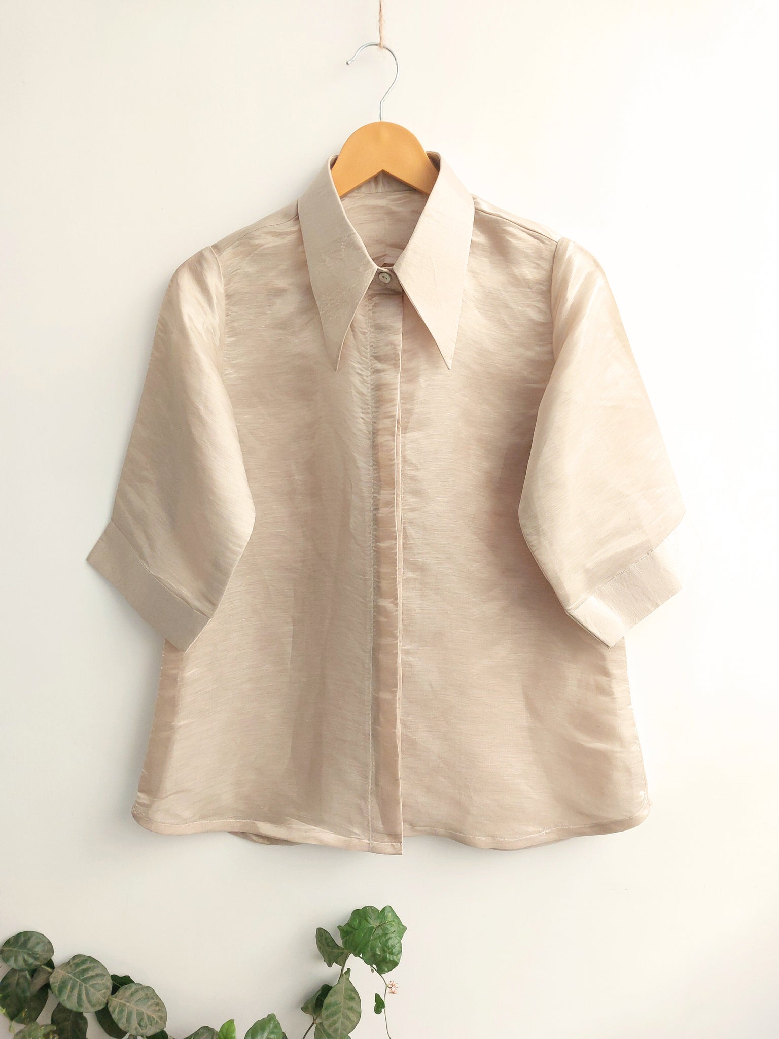 Linen Silk Shirt For Women in Champagne Gold Color, Sustainable Luxury Clothing For Women.