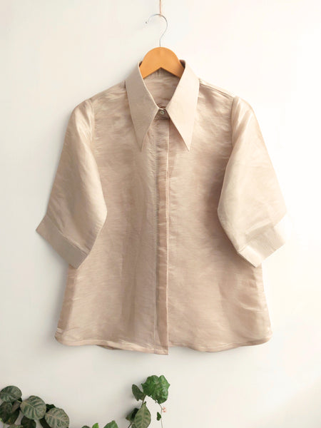 Linen Silk Shirt For Women in Champagne Gold Color, Sustainable Luxury Clothing For Women.