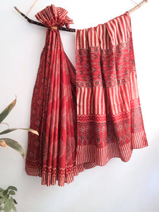 Madder-Dyed Ajrakh Hand Block Printed Cotton Saree: Exquisite fusion designs, 100% cotton for style and comfort. A passionately crafted essential for your fashion collection.