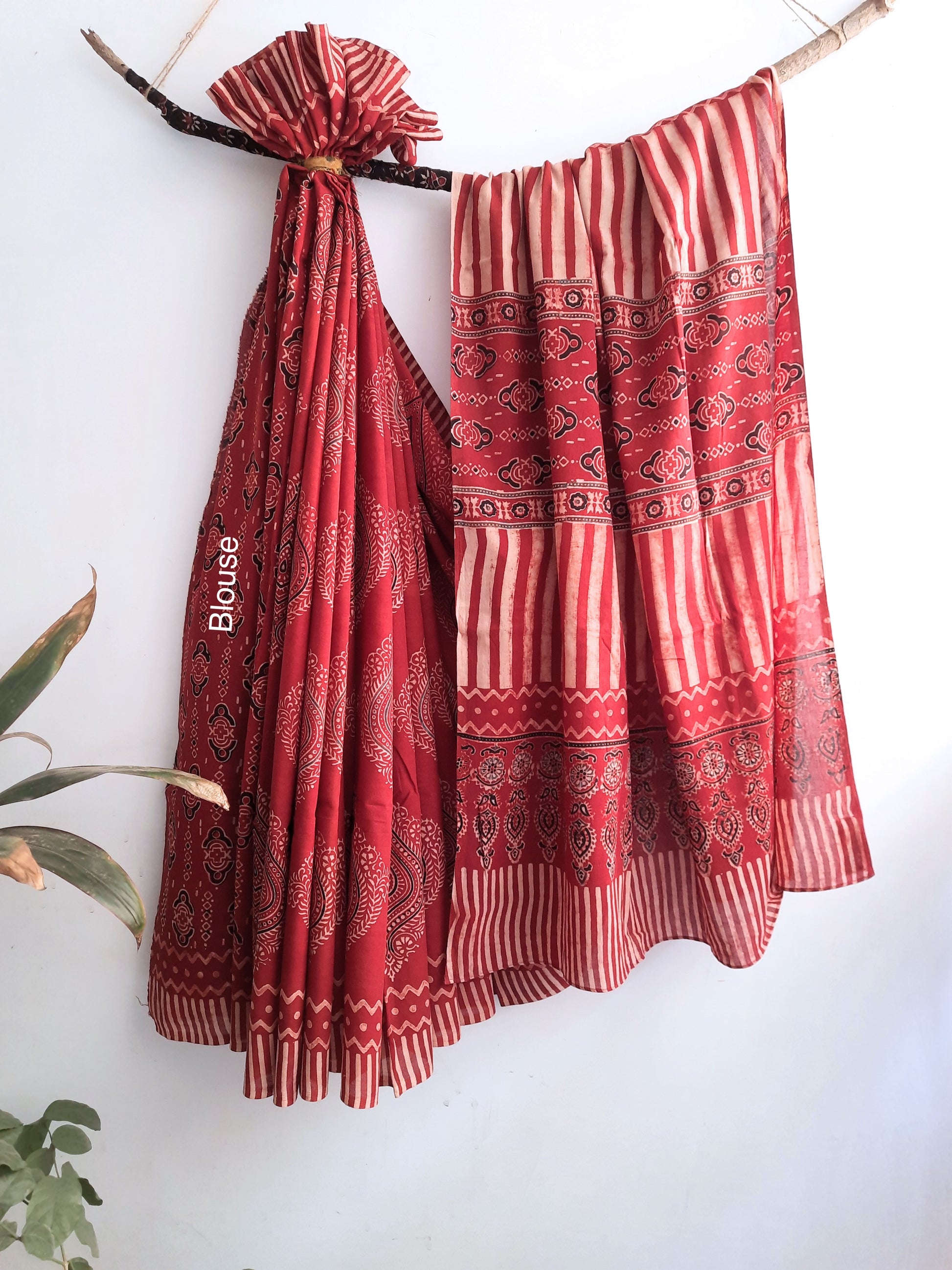 Madder-Dyed Ajrakh Hand Block Printed Cotton Saree: Exquisite fusion designs, 100% cotton for style and comfort. A passionately crafted essential for your fashion collection.