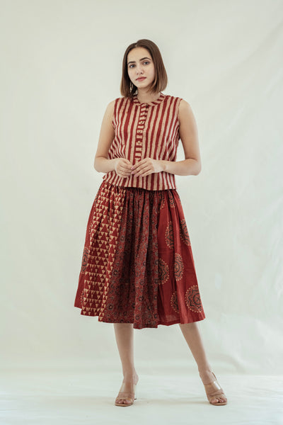 Madder red multi ajrakh prints skirt top set. Ajrakh Skirt Top Set. Shop Online.