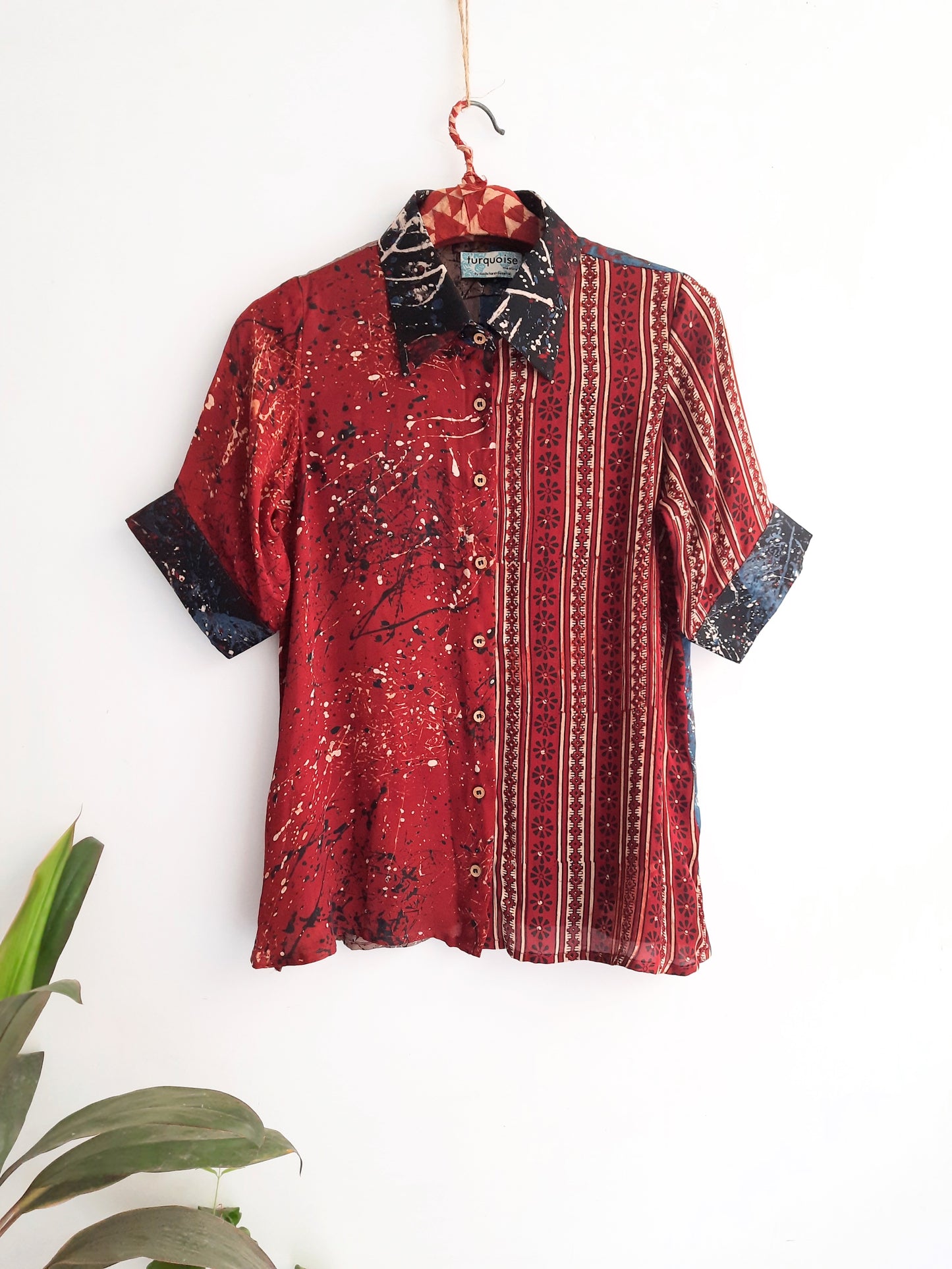 Madder red abstract shirt in modal silk for her, Silk shirt for her, Handmade clothing, Modal silk ajrakh shirt