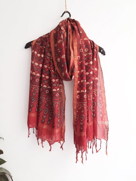 Madder ajrakh hand block print dupatta in cotton, Sustainable fashion