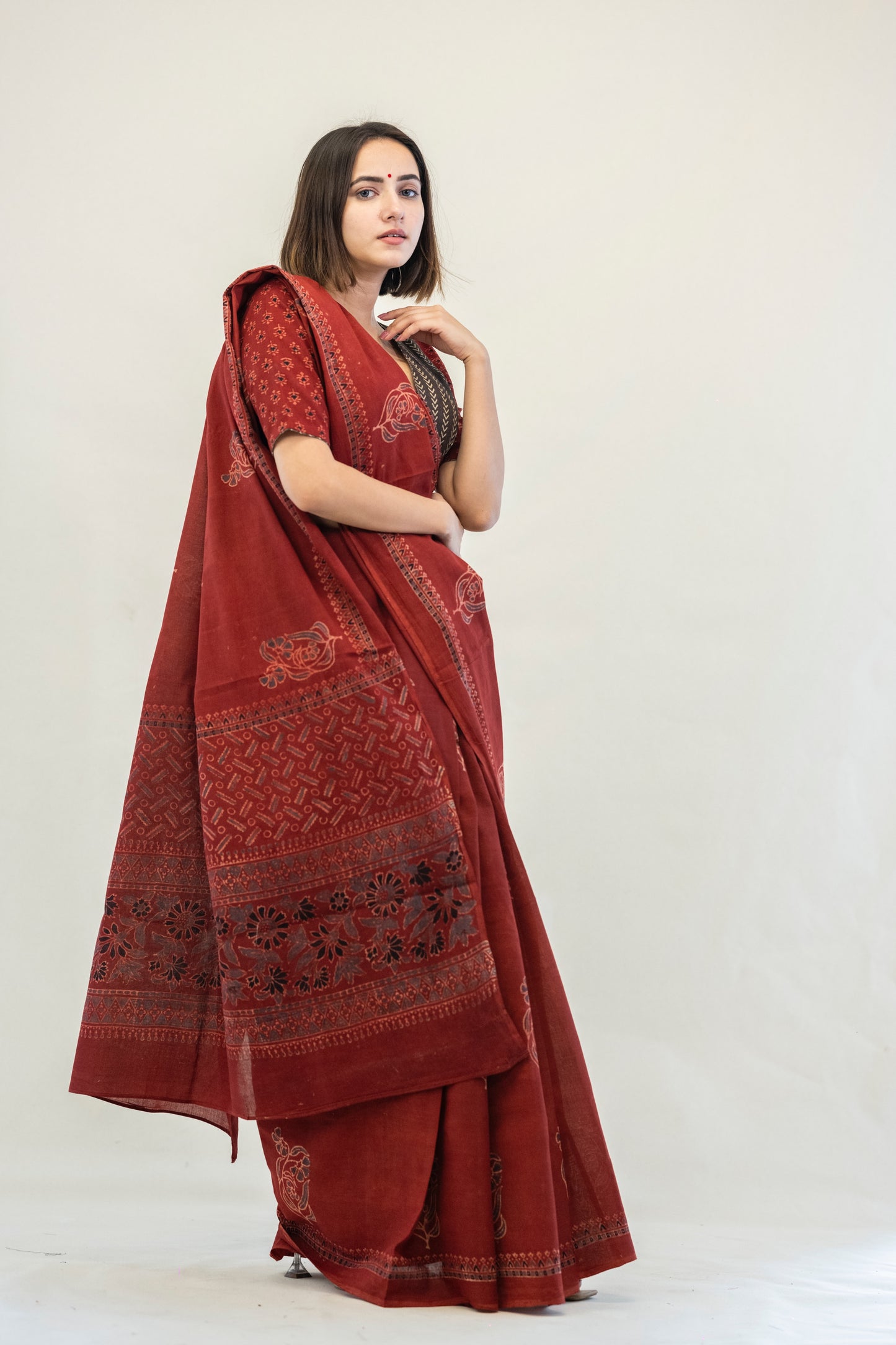 Madder ajrakh hand block print cotton saree, Ajrakh saree, Ajrakh saree blouse, Sustainable Fashion