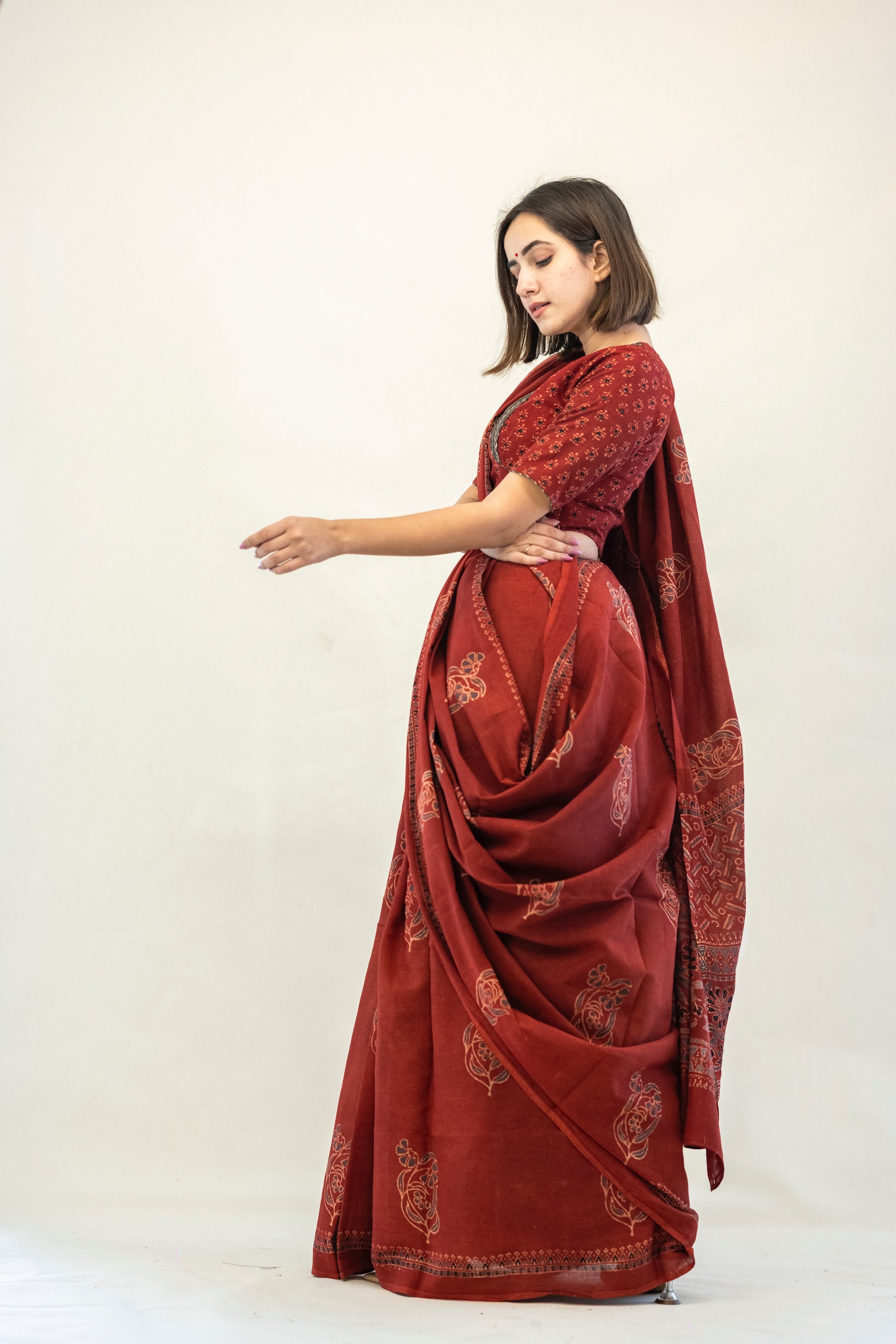 Madder ajrakh hand block print cotton saree, Ajrakh saree, Ajrakh saree blouse, Sustainable Fashion