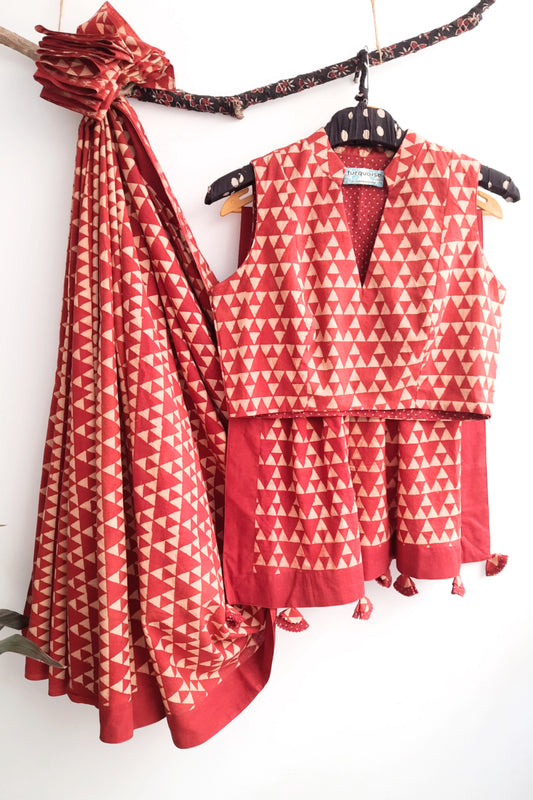 Madder ajrakh saree blouse coord set, Handmade saree and blouse, Ajrakh saree