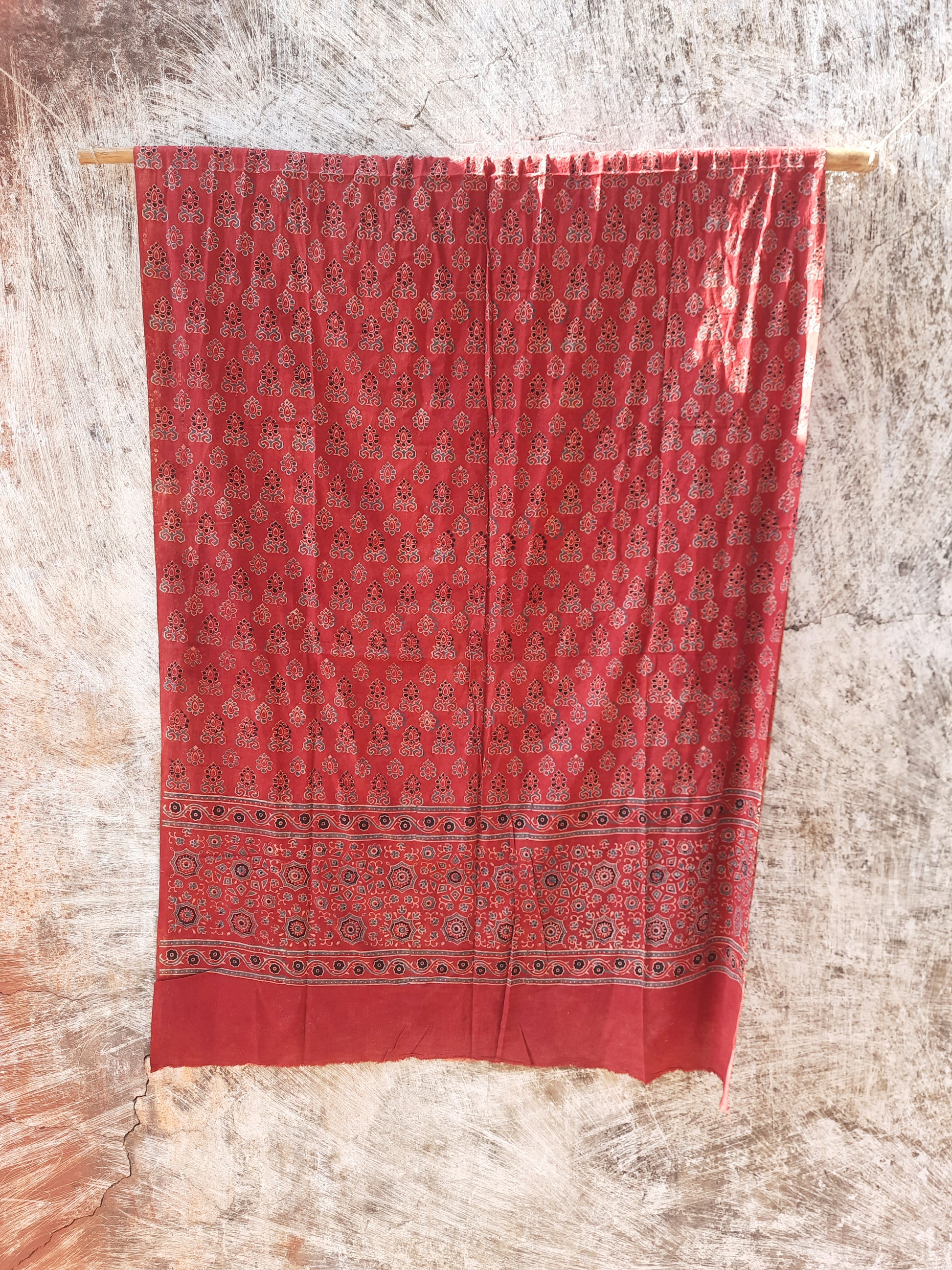 Handcrafted madder dyed Ajrakh dupatta in pure cotton, naturally dyed and eco-friendly, elegant Indian ethnic accessory, versatile styling, perfect for pairing with kurtas or shirts, ethical slow fashion, ideal for cotton lovers, beautifully crafted by artisans.