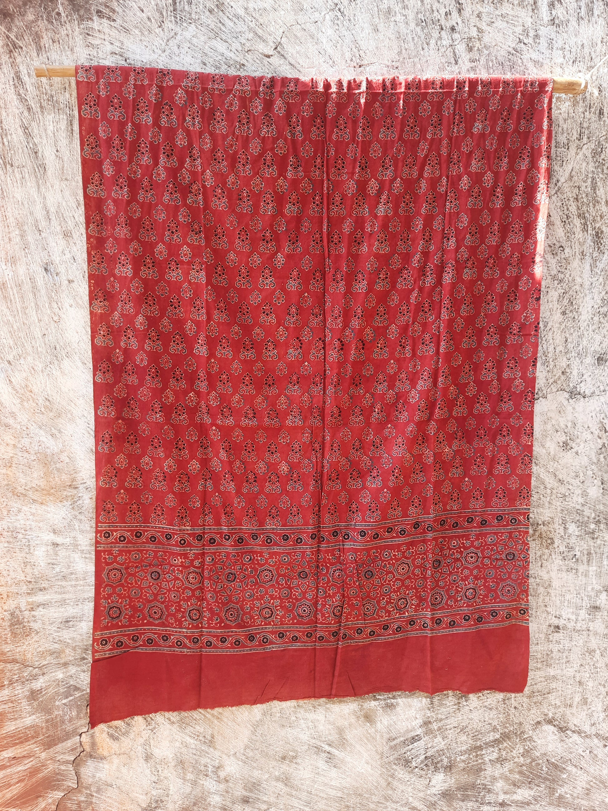 Handcrafted madder dyed Ajrakh dupatta in pure cotton, naturally dyed and eco-friendly, elegant Indian ethnic accessory, versatile styling, perfect for pairing with kurtas or shirts, ethical slow fashion, ideal for cotton lovers, beautifully crafted by artisans.