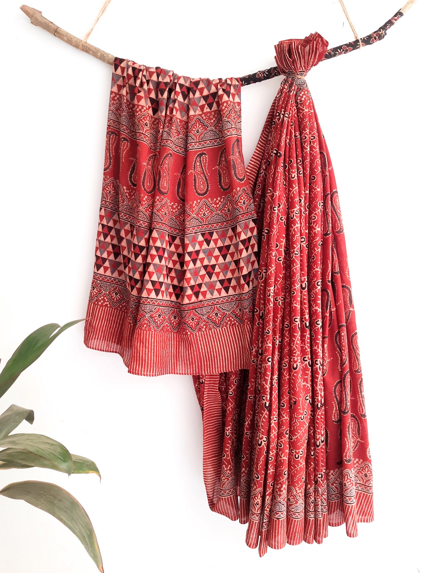 Madder dyed ajrakh hand block prints saree, Ajrakh cotton sari, Handmade saree