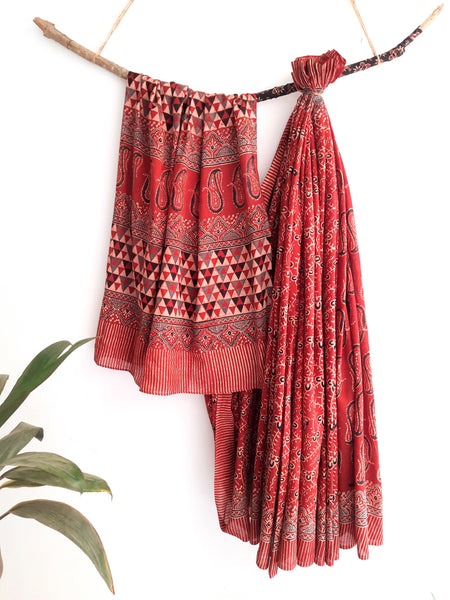 Madder dyed ajrakh hand block prints saree, Ajrakh cotton sari, Handmade saree