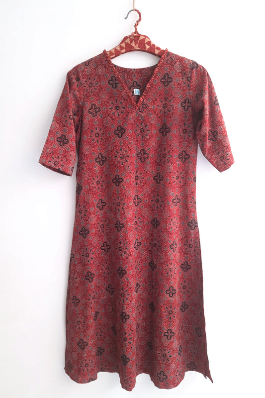 Madder dyed ajrakh kurta for women in cotton.